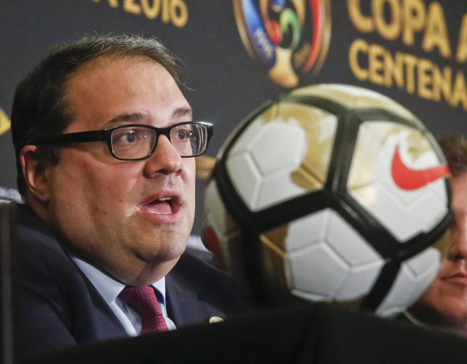 FILE - In this June 24, 2016, file photo, CONCACAF President Victor Montagliani speaks during a news conference in New York. The United States, Mexico and Canada are going to announce a joint bid for the 2026 World Cup on Monday, a person familiar with the decision said. The confederation made the final decision to go ahead with the bid at its meeting Saturday, April 8, 2017, in Aruba, the person said, speaking on condition of anonymity because the bid will not formally be announced until Monday in Manhattan. In a news release, CONCACAF said the countries will be making a “historic announcement.” (AP Photo/Bebeto Matthews, File)