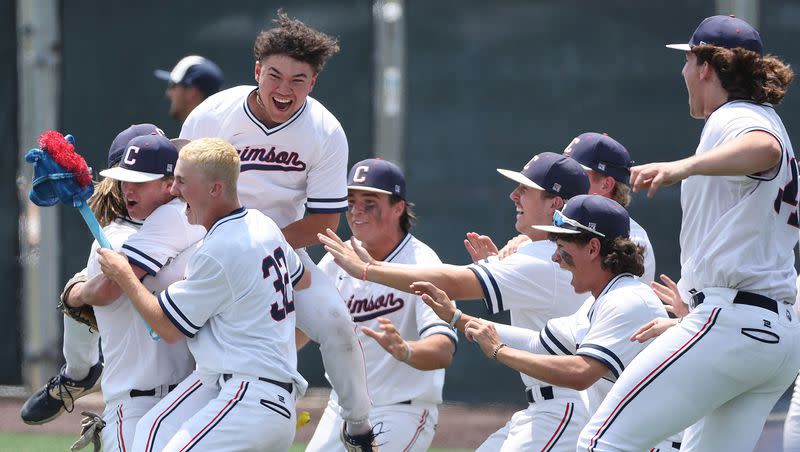 Crimson Cliffs celebrates their win over Snow Canyon in the 4A state championship at UVU in Orem on Saturday, May 20, 2023.