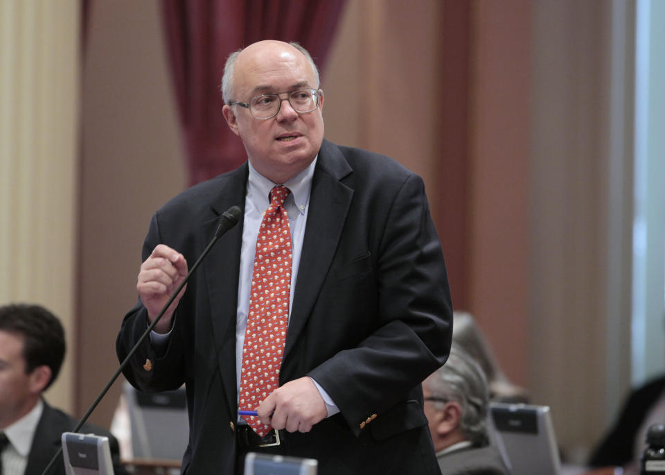 FILE - Then-State Sen. Joe Simitian, D-Palo Alto, speaks at the Capitol in Sacramento, Calif., on Aug. 28, 2012. Nearly a month after election day, the outcome in an overwhelmingly Democratic House district in the San Francisco suburbs remains undecided, and it's possible two candidates could end up in a tie. Simitian is tied for second in the race with Evan Low. (AP Photo/Rich Pedroncelli, File)