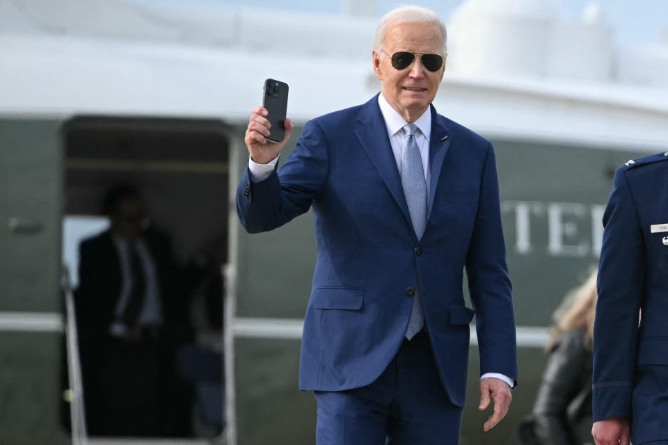 US President Joe Biden gestures as he makes his way to board Air Force One before departing from Joint Base Andrews in Maryland on May 9, 2024. Biden is heading to the West coast for campaign fundraisers in San Francisco and Seattle. (Photo by Mandel NGAN / AFP) (Photo by MANDEL NGAN/AFP via Getty Images)