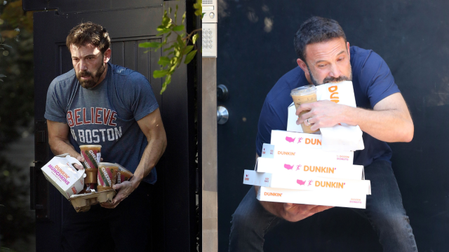 Ben Affleck's Pants Start Falling While He Holds Packages & Coffee