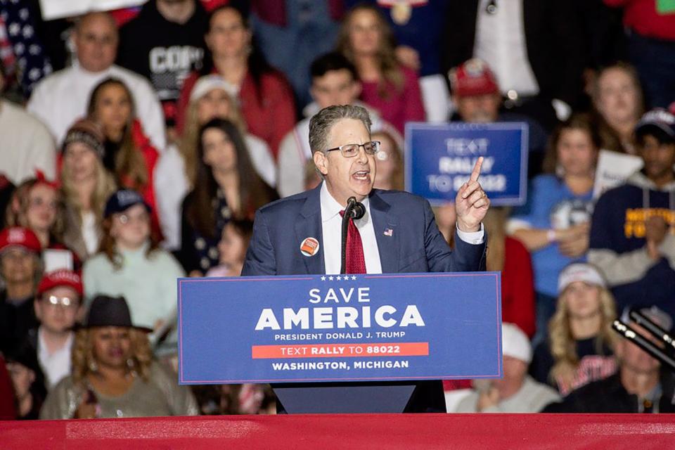 Matt DePerno, Republican candidate for Michigan Attorney General speaks at a Save America rally at the Michigan Stars Sports Center in Washington Township on April 2, 2022.