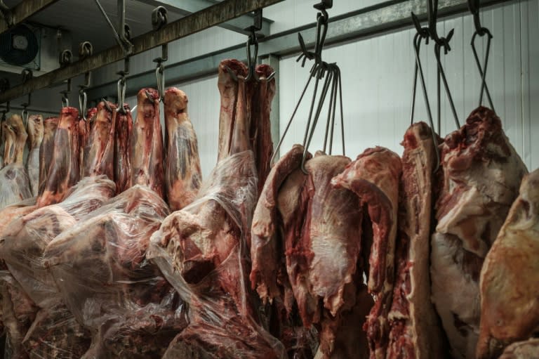 Meat products are seen in a cold storage room at a supermarket in Rio de Janeiro, Brazil