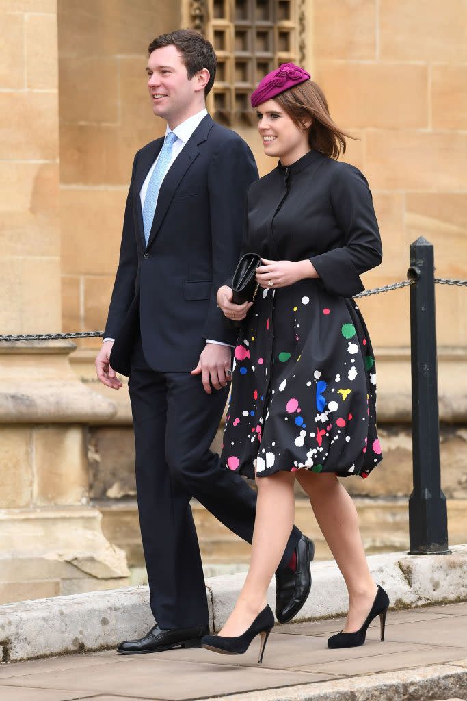 <p>The <a href="https://www.townandcountrymag.com/society/tradition/a15839272/princess-eugenie-engaged/" rel="nofollow noopener" target="_blank" data-ylk="slk:newly engaged;elm:context_link;itc:0;sec:content-canvas" class="link ">newly engaged</a> couple attended the traditional Easter Sunday church service at St. George's Chapel.</p>