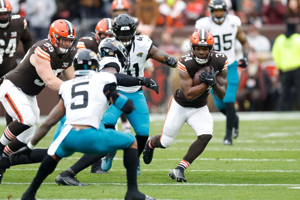 Browns running back Jerome Ford rushes during the first half against the Jacksonville Jaguars, Sunday, Dec. 10, 2023, in Cleveland.