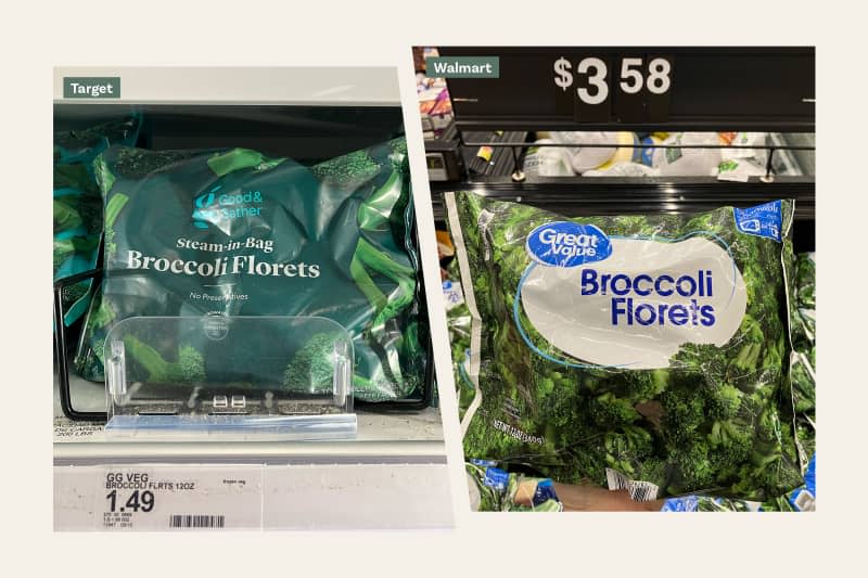 comparison of frozen broccoli at Target vs Walmart