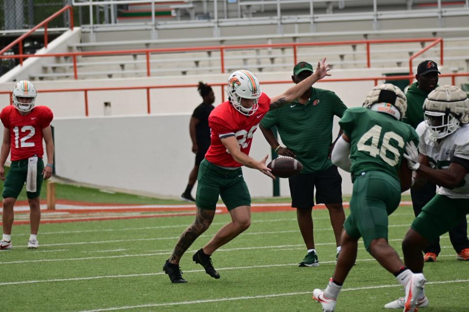 Florida A&M football punter Trey Wilhoit prepares to boot the ball during the team's second spring scrimmage at Bragg Memorial Stadium in Tallahassee, Florida, Saturday, April 1, 2023