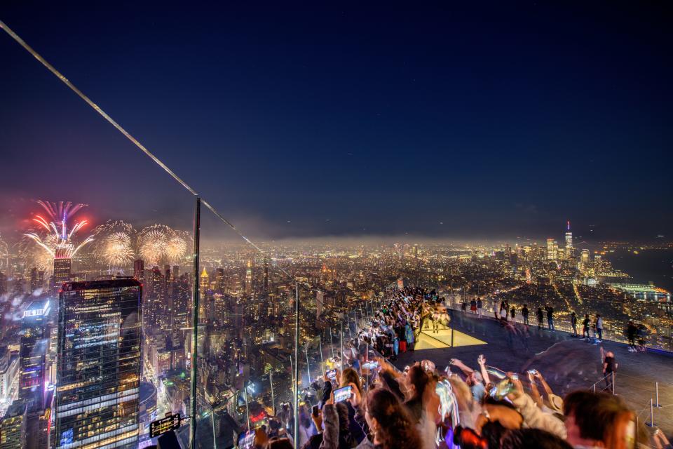 A view of the fireworks during the Edge at Hudson Yard's 4th of July Celebration at Edge at Hudson Yards on July 4, 2021 in New York City.