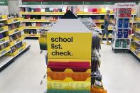 Back-to-school supplies await shoppers at a store on Saturday, July 11, 2020, in Marlborough, Mass. School districts across America are trying to decide how to resume classes in the fall amid the ongoing coronavirus pandemic. (AP Photo/Bill Sikes)