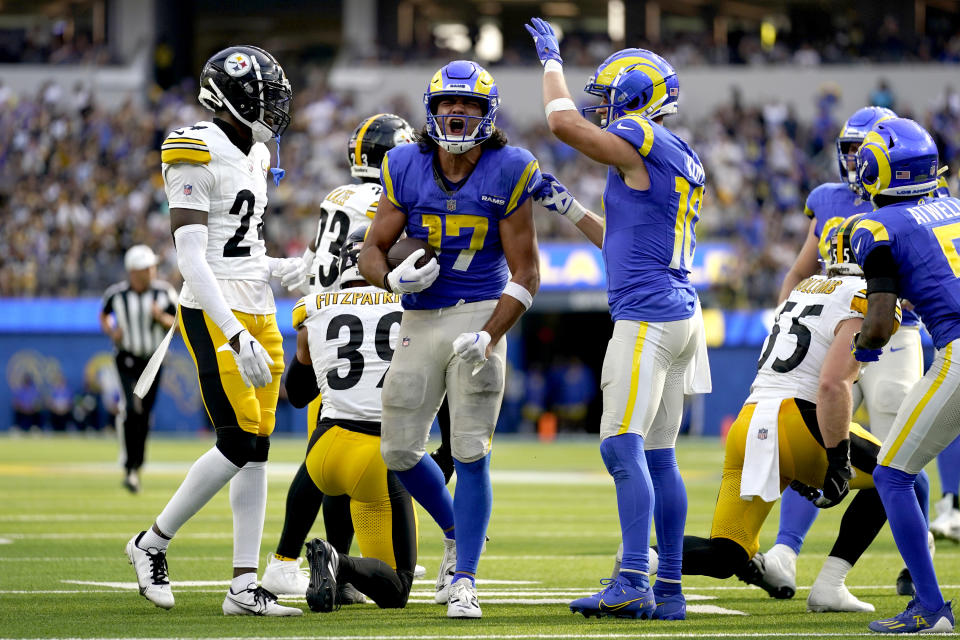 Los Angeles Rams wide receiver Puka Nacua (17) reacts after a run during the second half of an NFL football game against the Pittsburgh Steelers Sunday, Oct. 22, 2023, in Inglewood, Calif. (AP Photo/Ashley Landis)