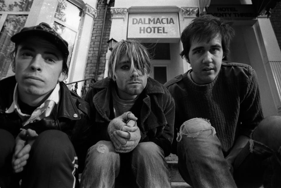 Programme Name: When Nirvana Came to Britain - TX: n/a - Episode: When Nirvana Came to Britain (No. n/a) - Picture Shows: Nirvana outside the Dalmacia Hotel in Shepherds Bush in 1990, taken by Martyn Goodacre  - (C) Martyn Goodacre - Photographer: Martyn Goodacre