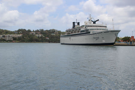 A 440-foot ship owned and operated by the Church of Scientology, SMV Freewinds, is docked under quarantine from a measles outbreak in port near Castries, St. Lucia, May 2, 2019. REUTERS/Micah George