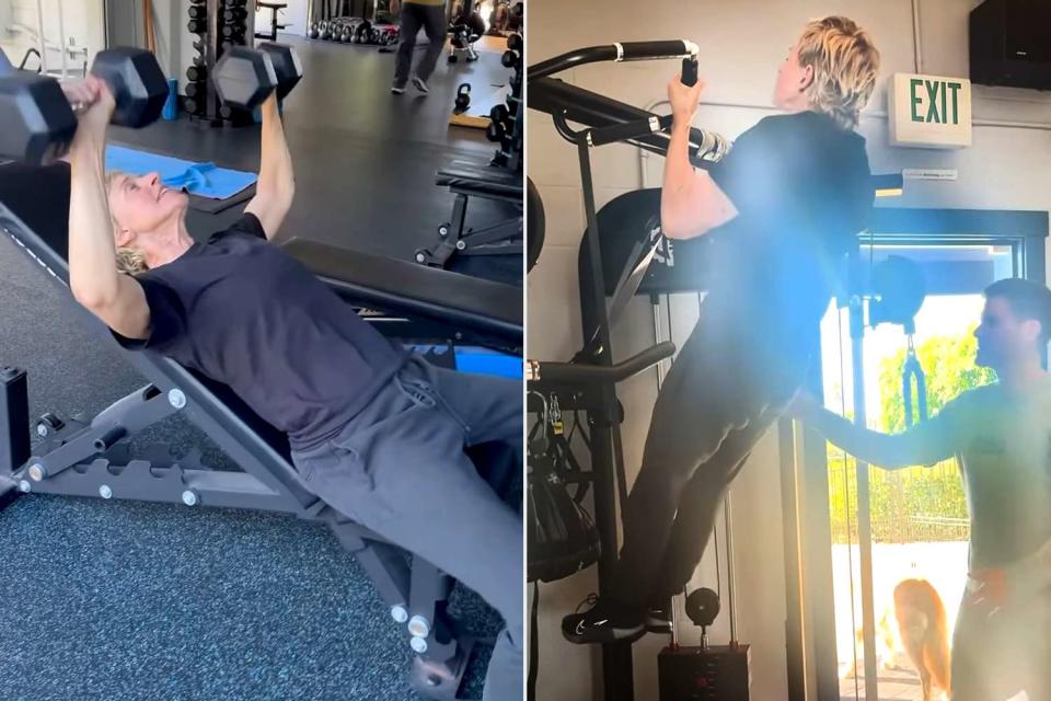 <p>Portia de Rossi/Instagram</p> Ellen DeGeneres getting a workout in on her birthday