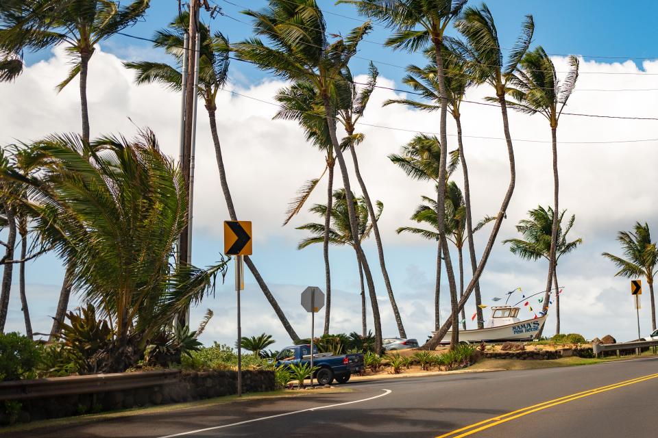 Facade of Mama's Fish House restaurant with palm trees and ocean visible, Paia, Hawaii on Maui, July 18, 2023.