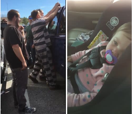 One-year-old Dallas sits patiently inside her parents' car as several inmates work to open the locked vehicle with a wire clothes hanger. (Photo: Courtesy Shadow Lantry)