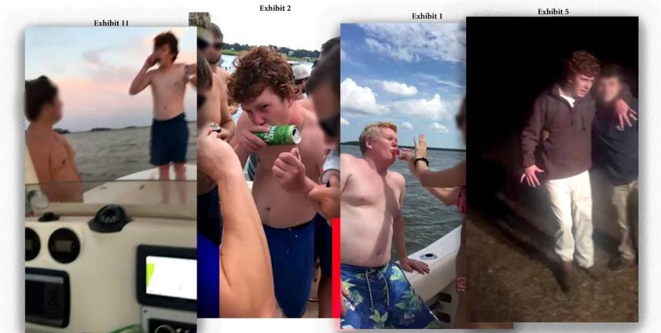 Stills from videos taken and included in the affidavit of Morgan Doughty, former girlfriend of Paul Murdaugh, documenting Paul’s excessive drinking with his parents knowledge, Alex and Maggie Murdaugh. Captions, according to the affidavit, from left: Exhibit 11: Video of Paul in 2018 in a drunken argument aboard a boat; Exhibit 2: Undated video of Paul shotgunning a beer at the Beaufort Water Festival; Exhibit 1: Video on July 4, 2018 of Alex Murdaugh receiving a shot from a minor; Exhibit 5: Video of Paul on Dec. 31, 2018 intoxicated from alcohol provided by Alex.