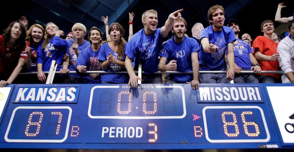 Kansas fans celebrated their 87-86 overtime win over rival Missouri on Feb. 25, 2012 at Allen Fieldhouse in Lawrence.