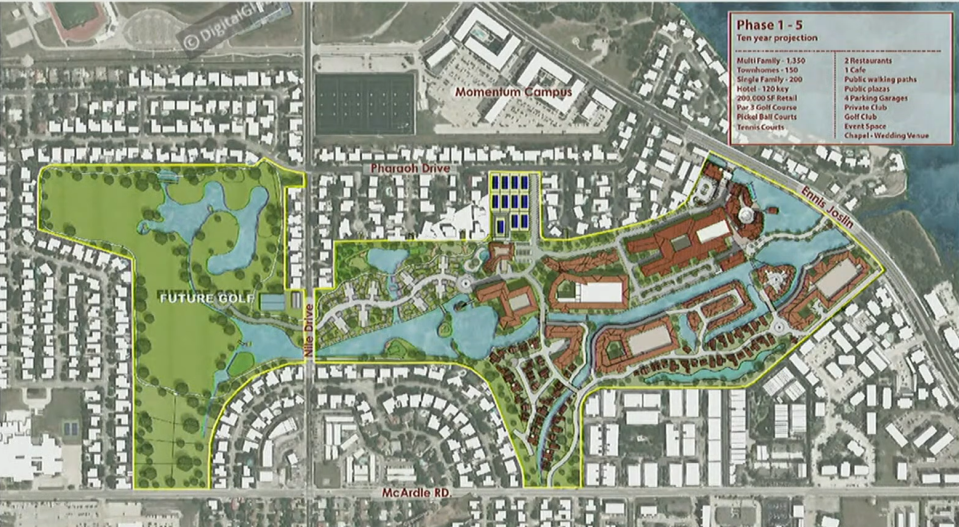 Shown is a conceptual map that lays out the planned Barisi Village, proposed to be a mixed-use development that would be constructed on the former Pharaoh Valley Golf Course.