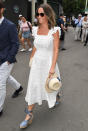 <p>Pippa Middleton arrived at Wimbledon 2018 with her brother James on 5 July. For the prestigious tournament, she donned a £680 broderie anglaise dress with frilled cap sleeves by Anna Mason London. To accessorise the look, she chose a £229.00 hat and clutch by Jess Collett. <em>[Photo: Rex]</em> </p>