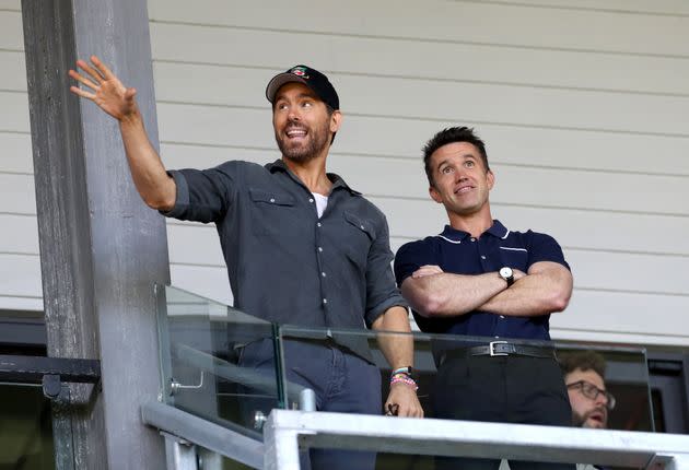 Reynolds and McElhenney attend the Vanarama National League semi-final at Wrexham's Racecourse Ground on May 28, 2022. (Photo: Bradley Collyer - PA Images via Getty Images)