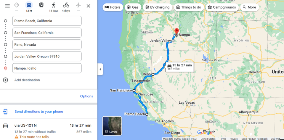 The drive that started in Pismo Beach, California and ended in Nampa, Idaho, according to prosecutors. Screengrab via Google Maps