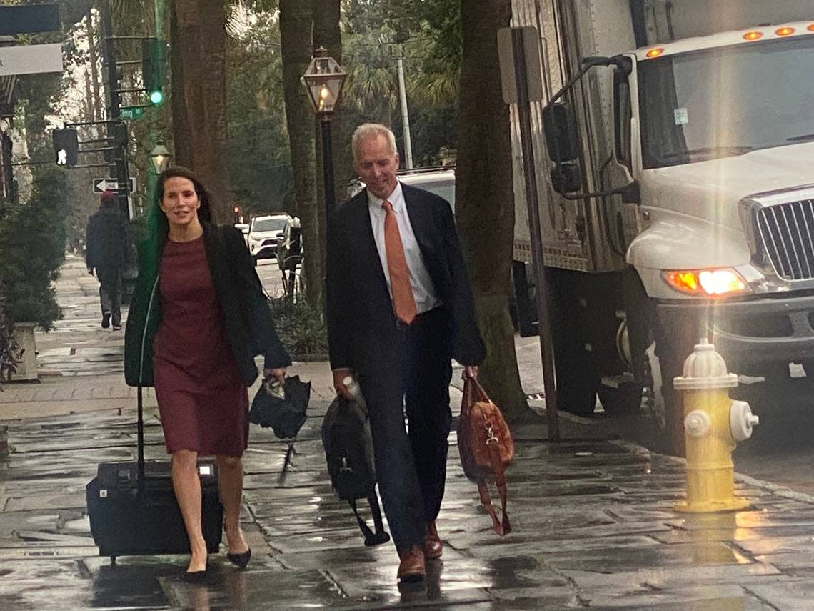 Federal prosecutors Emily Limehouse and Winston Holliday walking to the Charleston federal courthouse on Tuesday, Nov. 15, 2022, the fifth day of the fraud trial of former banker Russell Laffitte.