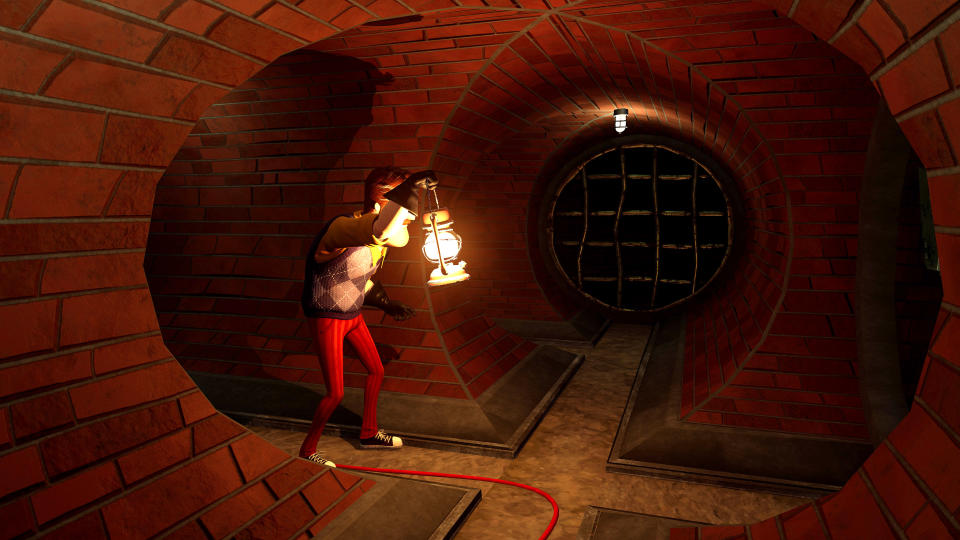 Mr. Peterson holds up a lantern as he explores the brick tunnels in his basement
