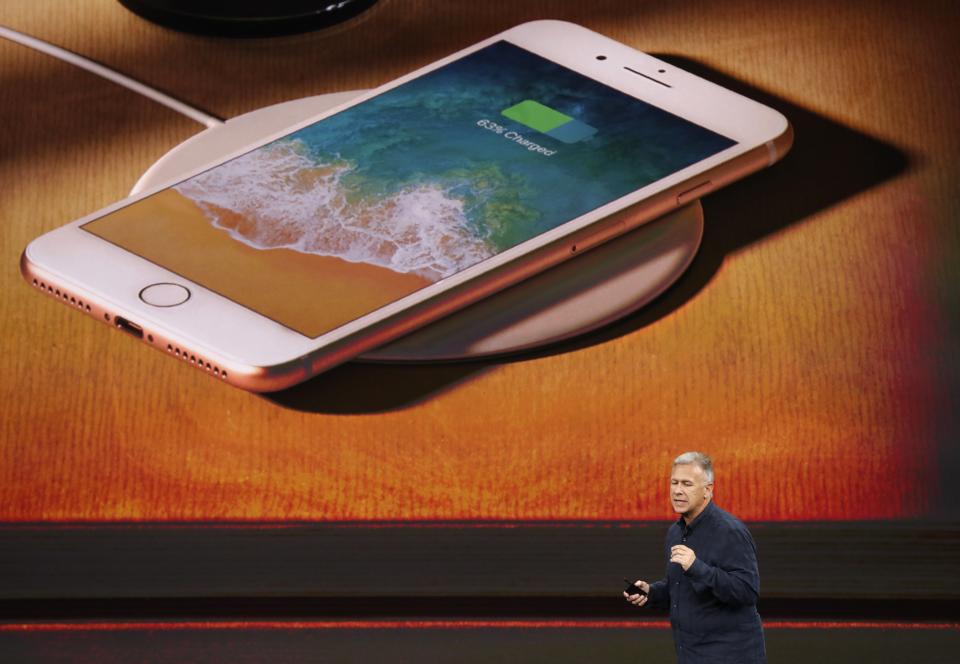 Apple’s Schiller introduces the iPhone 8 during a launch event in Cupertino