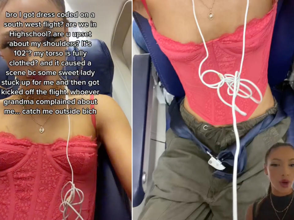 TikTok user Jacy wears a pink corset-style singlet on a Southwest Airlines plane.