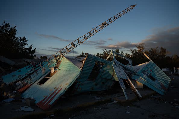 A storm damaged building after Hurricane Ian on September 29, 2022, in Bonita Springs, Florida.