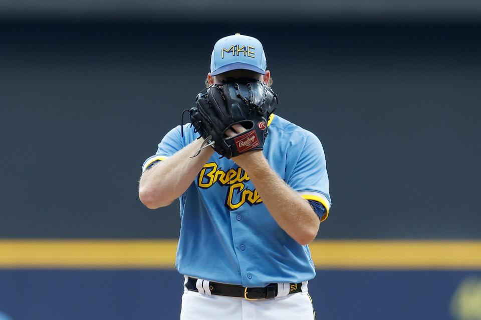 MILWAUKEE, WISCONSIN - AUGUST 25: Brandon Woodruff #53 of the Milwaukee Brewers before the pitch in the first inning against the San Diego Padres  at American Family Field on August 25, 2023 in Milwaukee, Wisconsin. (Photo by John Fisher/Getty Images)