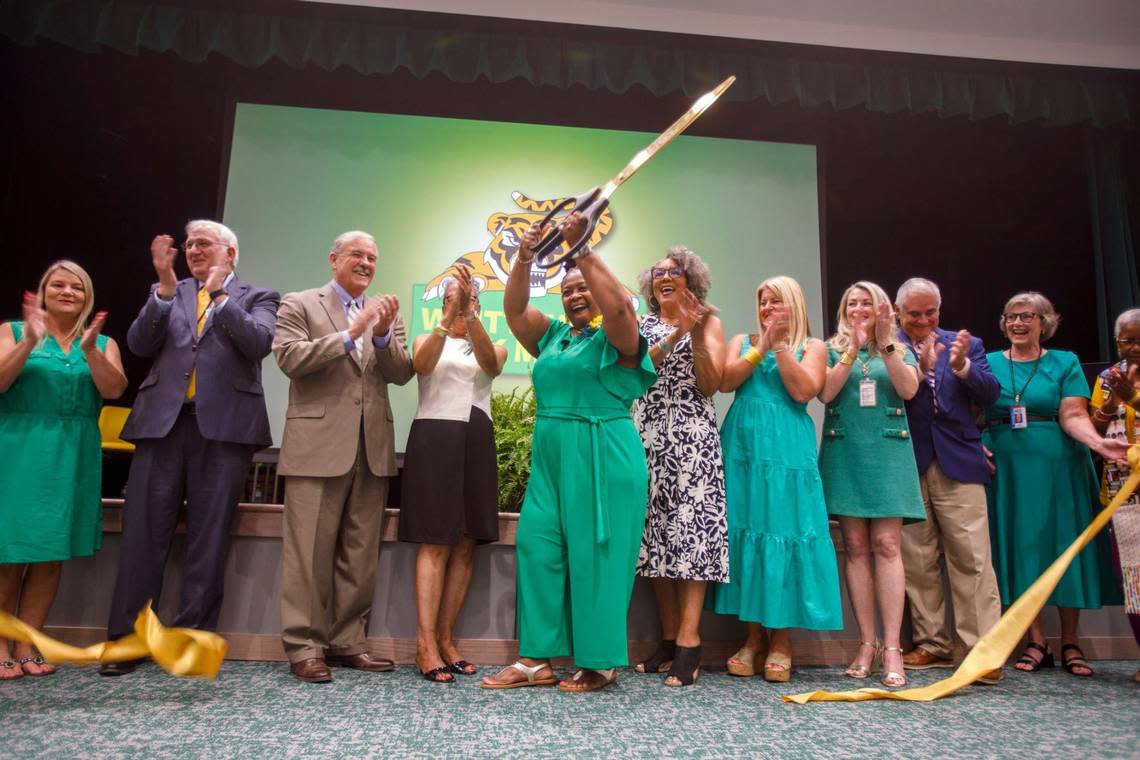 Principal Quentin Livingston cut the ribbon at a ceremony held today for the new Whittemore Park Middle School in Conway, S.C.. July 31, 2024.