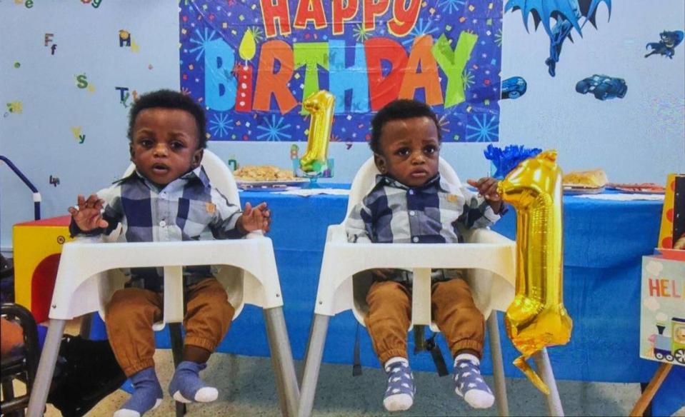 Picture of twin brothers Scott (left) and Jerry Narcius, Marie Carmella Baron’s nephews, at their 1-year birthday party a month ago.