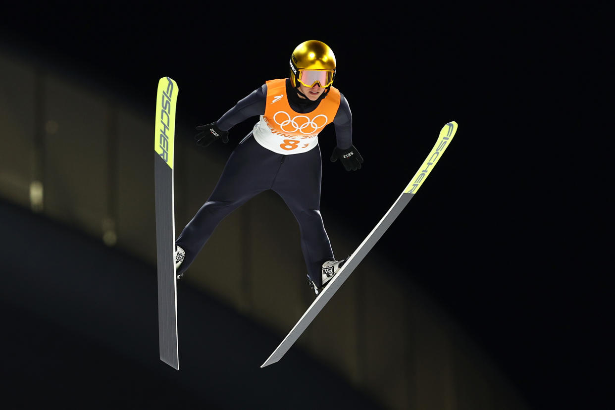 Germany's Katharina Althaus jumps during mixed team ski Jumping event at National Ski Jumping Centre on February 07, 2022 in Zhangjiakou, China (Cameron Spencer/Getty Images)