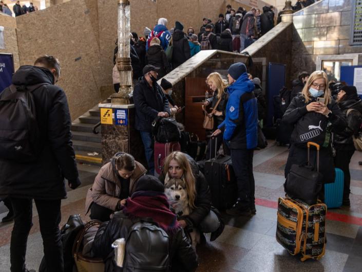 People wait for trains at the Kyiv train station on February 28, 2022 in Kyiv, Ukraine.