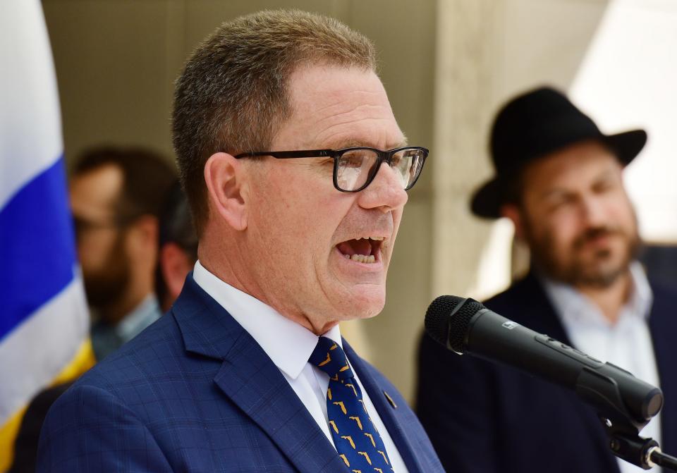 Florida House Rep. Dean Black addresses the audience at a pro-Israel rally at Jacksonville's City Hall building on Oct. 30.