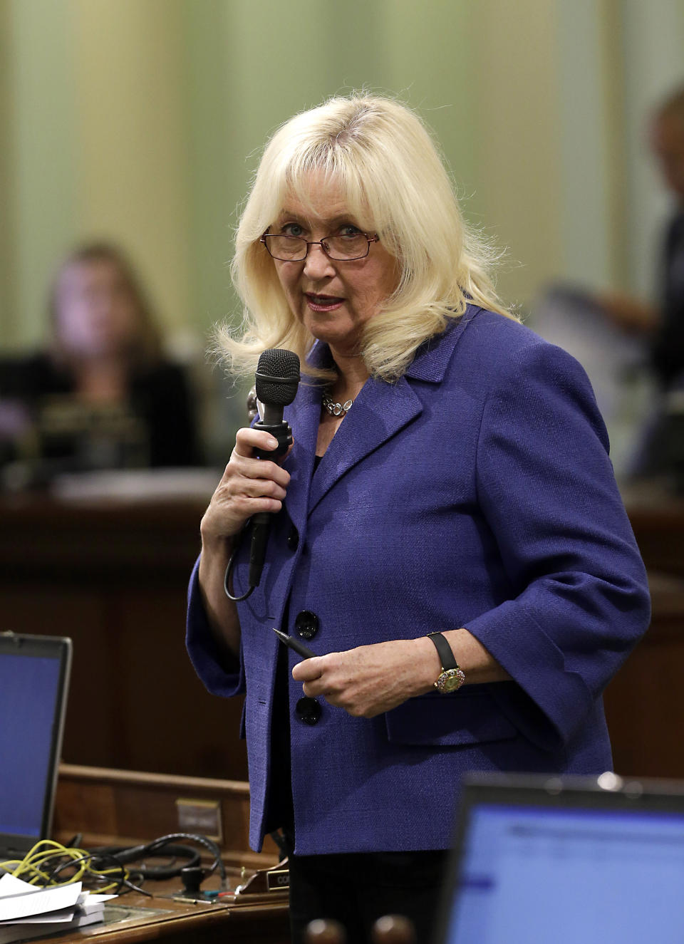 FILE - Assembly Minority Leader Connie Conway, R-Tulare, speaks at the Capitol in Sacramento, Calif., Friday, Aug. 29, 2014. Voters in California's sprawling farm belt are filling a congressional seat left vacant after Republican U.S. Rep. Devin Nunes resigned to lead former President Donald Trump's media company. "Anything is possible at this point," said Conway, a former county supervisor, Republican leader in the state Assembly and Trump administration appointee, who is the best known candidate among the contenders. (AP Photo/Rich Pedroncelli, File)