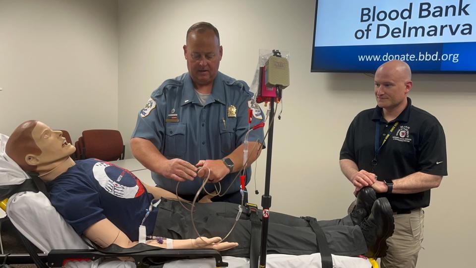 New Castle County Paramedics demonstrate how blood is transfused into patients in a pre-hospital setting,