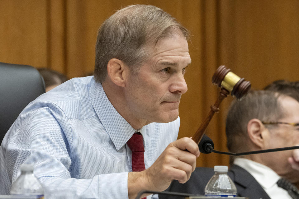 FILE- House Judiciary Committee Chair Rep. Jim Jordan, R-Ohio, bangs the gavel during a House Judiciary Committee hearing on the Department of Justice, June 4, 2024, on Capitol Hill in Washington. The House is expected to vote on a resolution holding Attorney General Merrick Garland in contempt of Congress for refusing to turn over audio of President Joe Biden’s interview in his classified documents case. The contempt action represents House Republicans’ latest and strongest rebuke of the Justice Department and of Garland’s leadership. (AP Photo/Jacquelyn Martin, File)