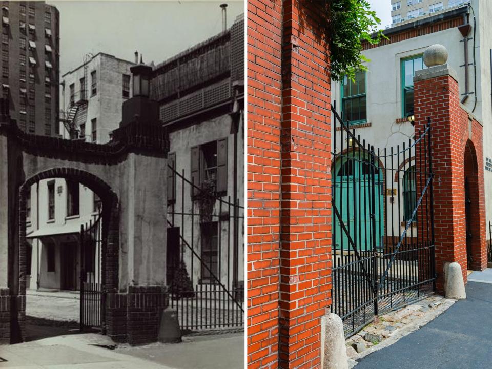 A brick gated block in the mid 1900s and today