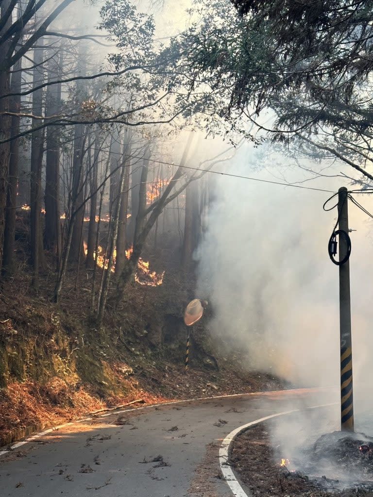 大鹿林道24.5K附近發生森林火災，道路暫停開放請遊客暫勿前往觀霧。（新竹林管處提供）