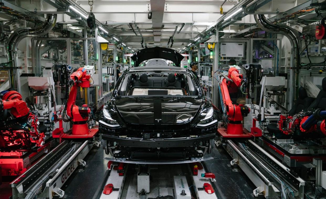 tesla model 3 on the production line