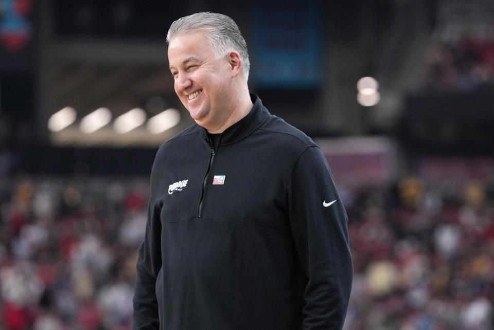 Purdue Boilermakers head coach Matt Painter smiles ahead of the NCAA Men’s Basketball Tournament Final Four game against the North Carolina State Wolfpack, Saturday, April 6, 2024, at State Farm Stadium in Glendale, Ariz.