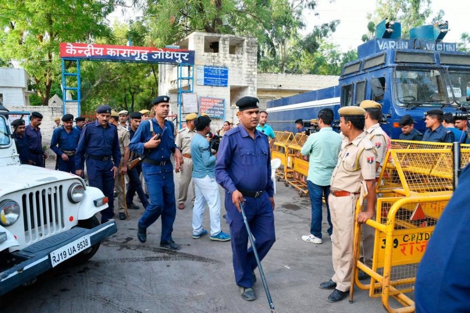 Police outside Jodhpur Central Jail where Bapu was sentenced (AP)