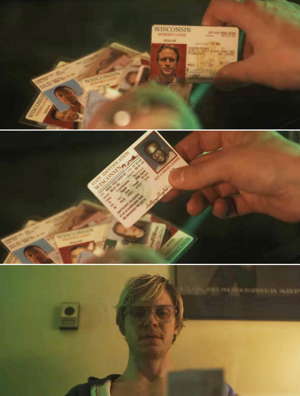 Dahmer in the series looking at several different Wisconsin drivers licenses