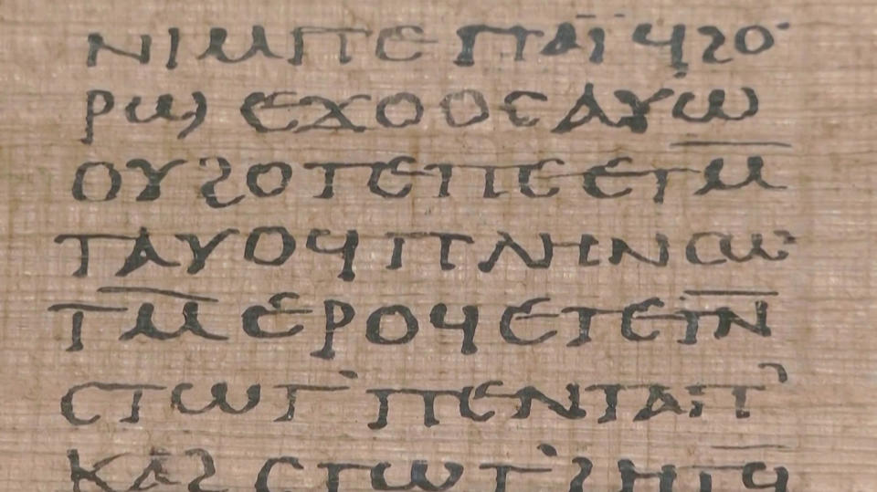 A view of the Crosby-Schoyen Codex, written in Coptic on papyrus around 250-350 A.D. and produced in one of the first Christian monasteries, in New York, U.S., in this screenshot taken on April 3, 2024. / Credit: Reuters TV / REUTERS