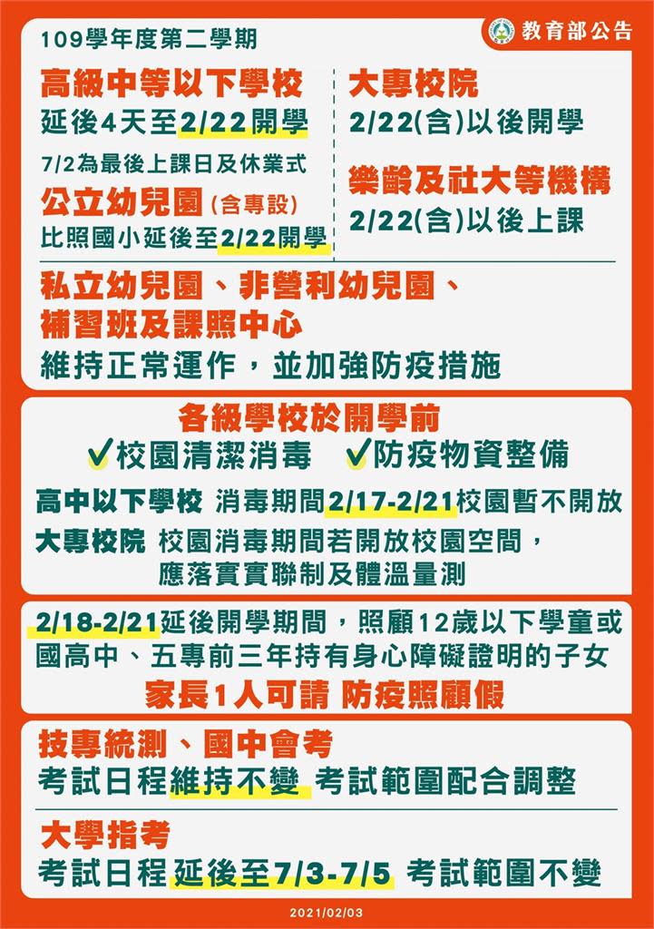 快新聞／教育部：高中以下延至2/22開學 大學指考延至7/3至7/5