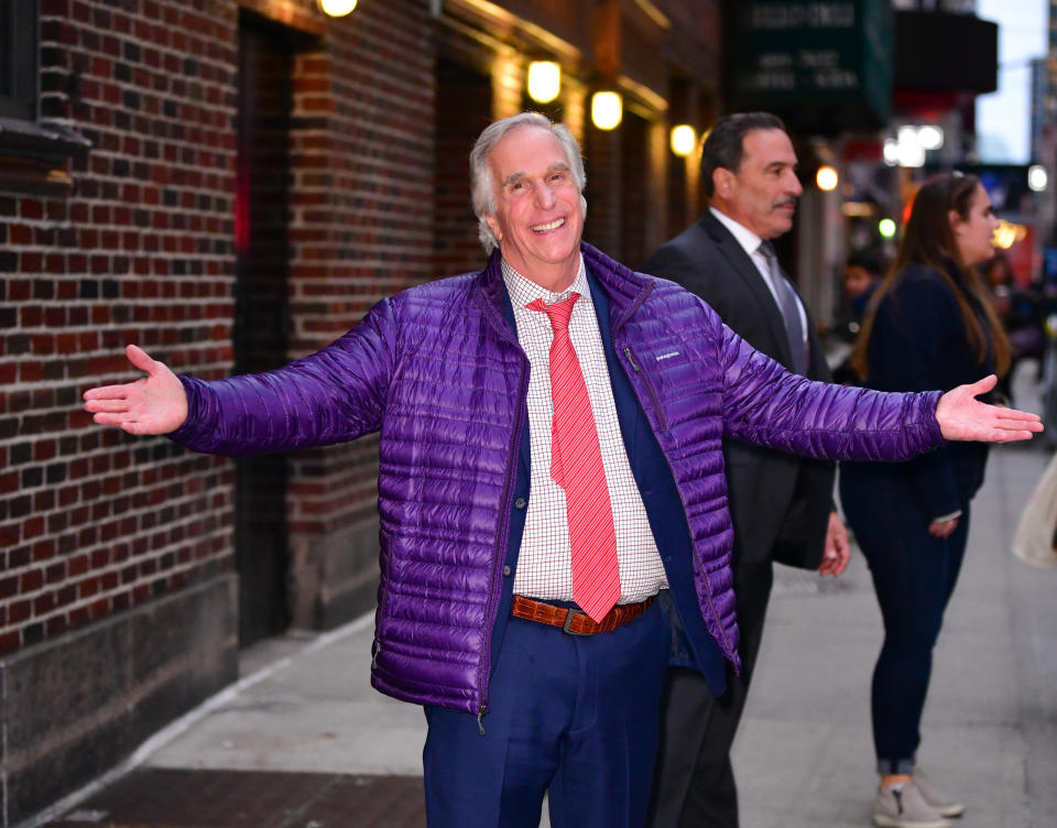 NEW YORK, NY - APRIL 02:  Henry Winkler leaves 'The Late Show with Stephen Colbert' at the Ed Sullivan Theater on April 2, 2019 in New York City.  (Photo by James Devaney/GC Images)