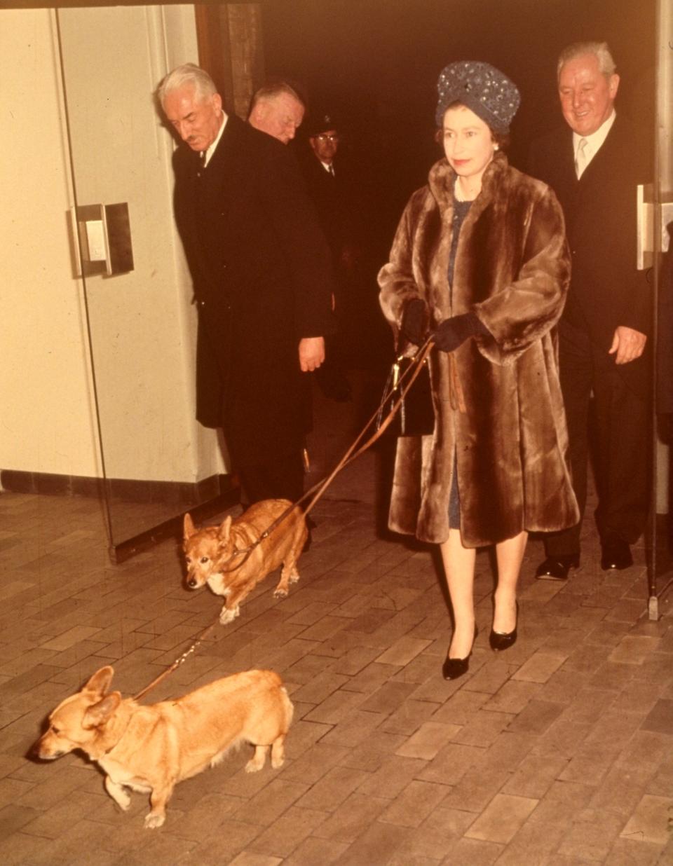 1968: Queen Elizabeth at Liverpool Street Station with two of her pet corgis on Feb. 8, 1968.