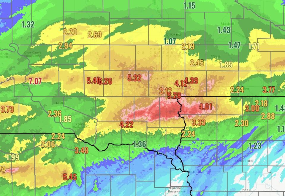 A rainfall totals map published on the morning of June 21, 2024, showing totals from the prior 48 hours. (Courtesy of National Weather Service)